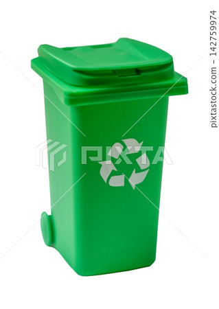 Green recycling bin isolated on white background for waste sorting Green recycling bin isolated on white background for waste sorting 142759974