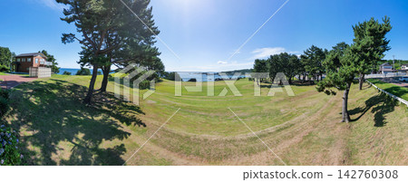 Aerial view of the beautiful natural grass of Tanesashi Coast in Aomori Prefecture, Hachinohe City. Aerial view of the beautiful natural grass of Tanesashi Coast in Aomori Prefecture, Hachinohe City. 142760308