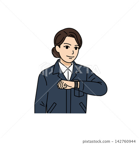 An illustration of a female boss in a navy work uniform checking the time and schedule on her watch. An illustration of a female boss in a navy work uniform checking the time and schedule on her watch. 142760944