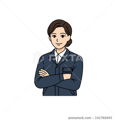 An illustration of a female boss in a navy work uniform, smiling confidently and with her arms crossed. An illustration of a female boss in a navy work uniform, smiling confidently and with her arms crossed. 142760945