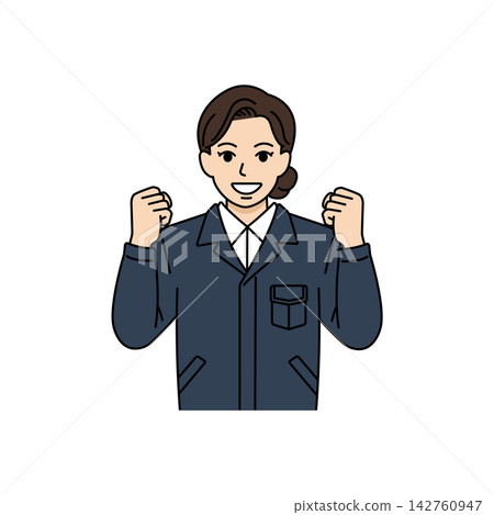 An illustration of a female boss in a navy work uniform, clenching both fists and making a triumphant gesture. An illustration of a female boss in a navy work uniform, clenching both fists and making a triumphant gesture. 142760947