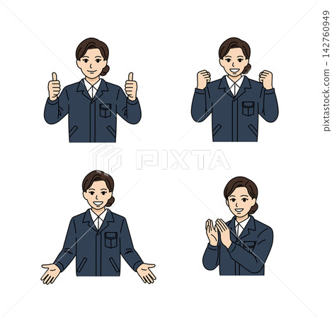 一組插圖,描繪了一位身穿海軍制服的女老闆擺出積極的姿勢(歡迎、握拳、豎起大拇指、鼓掌)。 一組插圖,描繪了一位身穿海軍制服的女老闆擺出積極的姿勢(歡迎、握拳、豎起大拇指、鼓掌)。 142760949