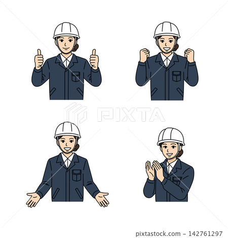 A set of illustrations of a female boss in a navy work uniform and helmet striking positive poses (welcome, victory pose, etc.) A set of illustrations of a female boss in a navy work uniform and helmet striking positive poses (welcome, victory pose, etc.) 142761297