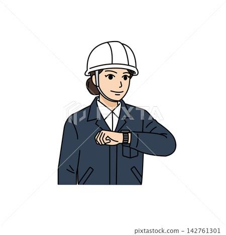 插圖描繪了一位身穿海軍工作服、頭戴安全帽的女主管，她正在查看手錶以確認專案工期和進度。 142761301
