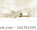 A sepia-toned illustration of a house in the snow. 142761505