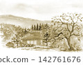 A sepia-toned landscape of persimmon trees and thatched-roof houses. 142761676