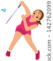 Illustration of a female athlete competing in a sports tournament - Badminton player in play, 1 smash 142762099