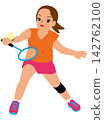 Illustration of female athletes competing in a sports tournament match: Badminton players in play, 2 receiving. 142762100