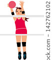 Illustration of female athletes competing in a sports competition - volleyball players in play, 2 blockers 142762102