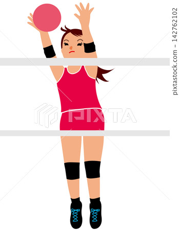 描繪女運動員參加體育比賽的插圖;排球運動員正在比賽;2 名攔網隊員。 描繪女運動員參加體育比賽的插圖;排球運動員正在比賽;2 名攔網隊員。 142762102