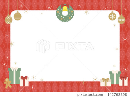 A Christmas frame illustration vector featuring a red argyle pattern, wreaths, ornaments, and presents. A Christmas frame illustration vector featuring a red argyle pattern, wreaths, ornaments, and presents. 142762898