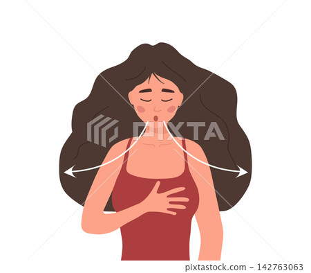 Deep breath exercise. Woman inhaling deeply with air flow lines. Recovery respiratory system. Vector illustration Deep breath exercise. Woman inhaling deeply with air flow lines. Recovery respiratory system. Vector illustration 142763063