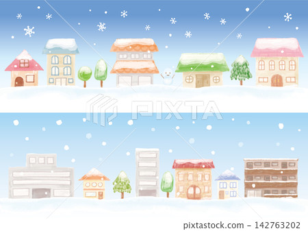 一組兩張可愛的手繪水彩風格雪景小鎮圖片。 一組兩張可愛的手繪水彩風格雪景小鎮圖片。 142763202