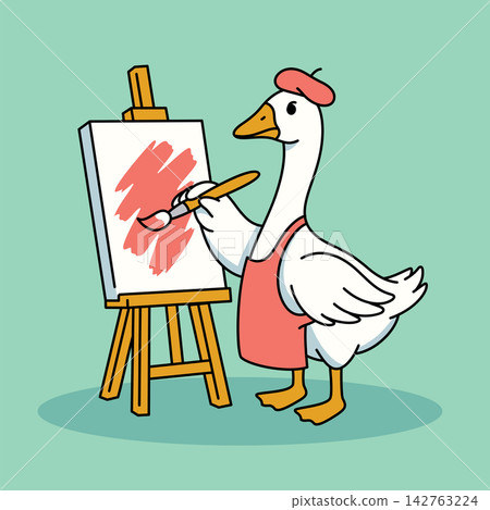 Cute Goose Artist Painting on Canvas Standing by Easel Vector Illustration Cute Goose Artist Painting on Canvas Standing by Easel Vector Illustration 142763224