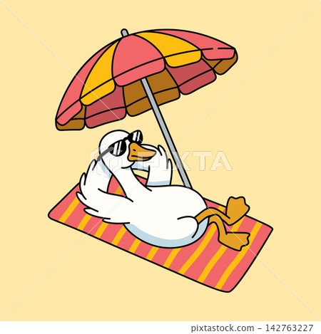 Cute Goose Relaxing on Beach Mat Under Parasol Umbrella Vector Illustration Cute Goose Relaxing on Beach Mat Under Parasol Umbrella Vector Illustration 142763227