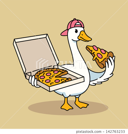 Cute Goose Eating Pizza Slice from Box Vector Illustration Cute Goose Eating Pizza Slice from Box Vector Illustration 142763233