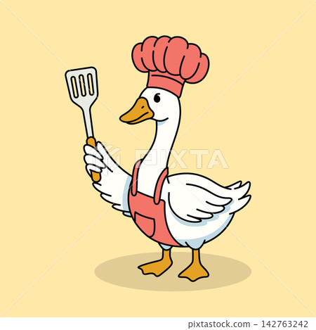 Cute Goose Chef Wearing Toque and Holding Spatula Vector Illustration Cute Goose Chef Wearing Toque and Holding Spatula Vector Illustration 142763242