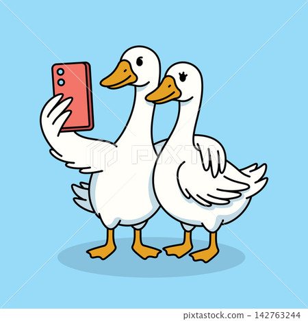 Two Cute Geese Taking Selfie with Smartphone Vector Illustration Two Cute Geese Taking Selfie with Smartphone Vector Illustration 142763244