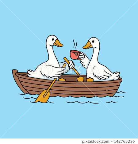 Two Cartoon Geese Rowing Wooden Boat while Drinking Coffee Two Cartoon Geese Rowing Wooden Boat while Drinking Coffee 142763250
