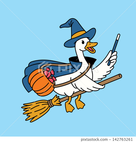 Cute Cartoon Goose Wizard Flying on a Broomstick Vector Illustration Cute Cartoon Goose Wizard Flying on a Broomstick Vector Illustration 142763261