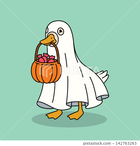 Cute goose holding pumpkin basket, funny white duck character, vector illustration Cute goose holding pumpkin basket, funny white duck character, vector illustration 142763263