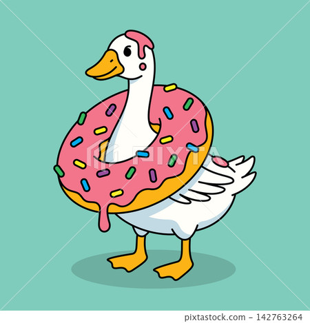 Cute white goose inside a pink donut, funny duck character vector illustration Cute white goose inside a pink donut, funny duck character vector illustration 142763264