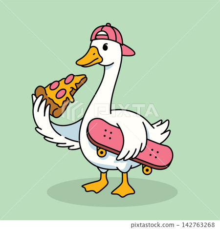 Cute Cartoon Goose in Pink Cap, Eating Pizza and Holding a Skateboard, Flat Vector Illustration Cute Cartoon Goose in Pink Cap, Eating Pizza and Holding a Skateboard, Flat Vector Illustration 142763268