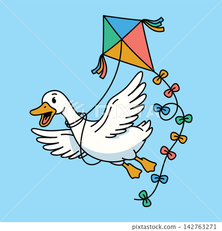 Cute Goose Flying with Colorful Kite Flat Vector Illustration Cute Goose Flying with Colorful Kite Flat Vector Illustration 142763271