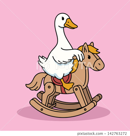 Cute white goose riding a rocking horse, funny duck character vector illustration Cute white goose riding a rocking horse, funny duck character vector illustration 142763272