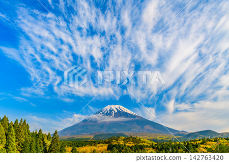 A view from near the Toriki Plateau Observatory at the end of April, showing a vast sky with radial cirrus clouds and a small, snow-capped Mount Fuji in the background. A view from near the Toriki Plateau Observatory at the end of April, showing a vast sky with radial cirrus clouds and a small, snow-capped Mount Fuji in the background. 142763420