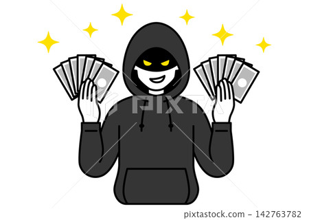 A suspicious-looking man in a hoodie grins, holding wads of cash in both hands. A suspicious-looking man in a hoodie grins, holding wads of cash in both hands. 142763782