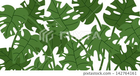 Dense tropical foliage composition with monstera leaves and exotic greenery for botanical backgrounds, textile design, wallpaper, packaging, home decor and nature themed branding Dense tropical foliage composition with monstera leaves and exotic greenery for botanical backgrounds, textile design, wallpaper, packaging, home decor and nature themed branding 142764161