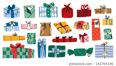 Festive gift and present collection with colorful wrapped boxes, bags, ribbons, bows and decorative packaging for holiday celebrations, greeting cards, stationery, wrapping paper and retail design 142764196