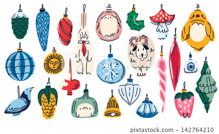 Hand Drawn Christmas Ornament Collection with Colorful Bauble, Bell, Star and Festive Tree Decorations Hand Drawn Christmas Ornament Collection with Colorful Bauble, Bell, Star and Festive Tree Decorations 142764210