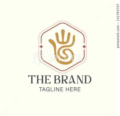 Elegant boho logo with abstract hand and spiral symbol in earthy tones, framed in a geometric badge, expressing balance and creativity. 142764797