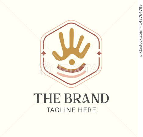 Boho-inspired logo with abstract hand symbol in soft earthy tones, framed in geometric badge style, expressing creativity and natural harmony. Boho-inspired logo with abstract hand symbol in soft earthy tones, framed in geometric badge style, expressing creativity and natural harmony. 142764799
