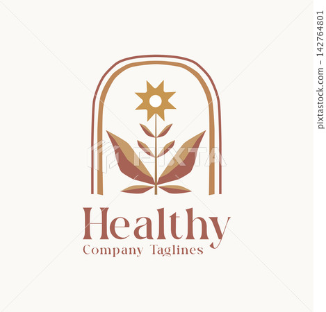 Elegant boho-style health logo with floral symbol and earthy tones, conveying natural wellness, balance, and organic lifestyle branding. Elegant boho-style health logo with floral symbol and earthy tones, conveying natural wellness, balance, and organic lifestyle branding. 142764801