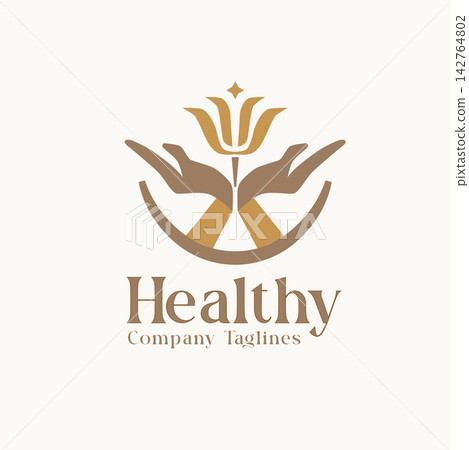 Golden flower with caring hands and star, symbolizing wellness, protection, harmony, and natural health branding Golden flower with caring hands and star, symbolizing wellness, protection, harmony, and natural health branding 142764802
