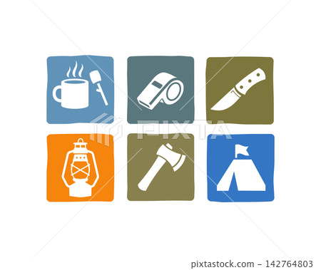 Collection of camping essentials icons including mug, whistle, knife, lantern, axe, and tent, symbolizing outdoor survival and adventure Collection of camping essentials icons including mug, whistle, knife, lantern, axe, and tent, symbolizing outdoor survival and adventure 142764803