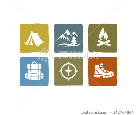 Set of outdoor activity icons featuring tent, mountains, campfire, backpack, compass, and hiking boot in earthy colors Set of outdoor activity icons featuring tent, mountains, campfire, backpack, compass, and hiking boot in earthy colors 142764804