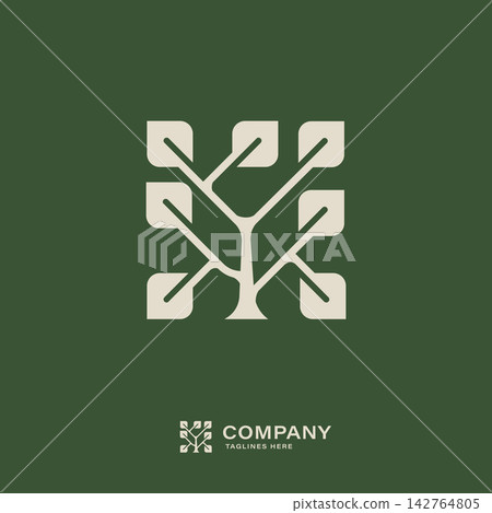 Minimal tree and leaf logo combining nature and technology in modern eco-friendly brand design. Minimal tree and leaf logo combining nature and technology in modern eco-friendly brand design. 142764805