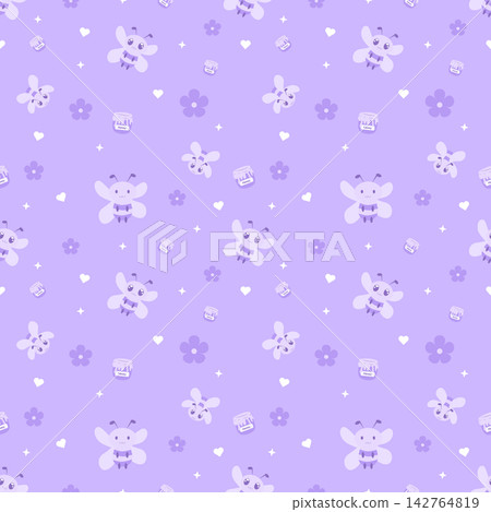 Cute Pastel Purple Bee and Honey Seamless Pattern with Flowers and Hearts Cute Pastel Purple Bee and Honey Seamless Pattern with Flowers and Hearts 142764819