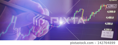 Financial Market Analysis Concept with Stylus, Bullish Candlestick Graph, and Digital Trading Screen Overlay 142764899