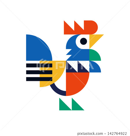 Postmodern Geometric Rooster Illustration in Bold Abstract Shapes with Vibrant Color Composition 142764922
