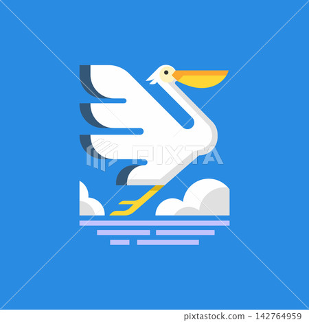 Minimalist illustration of a white pelican flying against a bright blue sky with clouds. Clean geometric shapes, bold colors, and flat design highlight elegance, motion, and modern graphic style. 142764959