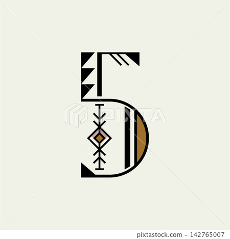 Geometric Tribal Inspired Stylized Number Five with Symmetrical Black, Brown, and Beige Decorative Motifs Geometric Tribal Inspired Stylized Number Five with Symmetrical Black, Brown, and Beige Decorative Motifs 142765007
