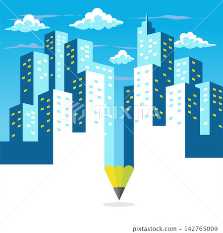 Stylized Blue Cityscape Skyscrapers Converging into Pencil Tip Symbolizing Creativity, Architecture, and Progress Stylized Blue Cityscape Skyscrapers Converging into Pencil Tip Symbolizing Creativity, Architecture, and Progress 142765009