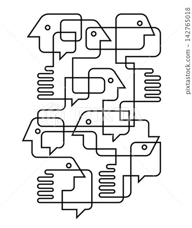 Interconnected Abstract Line Drawing of Human Heads, Speech Bubbles, and Hands Representing Communication Interconnected Abstract Line Drawing of Human Heads, Speech Bubbles, and Hands Representing Communication 142765018