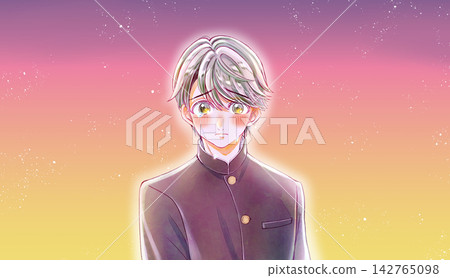 A male student in a school uniform, tears streaming down his face at dusk. A male student in a school uniform, tears streaming down his face at dusk. 142765098