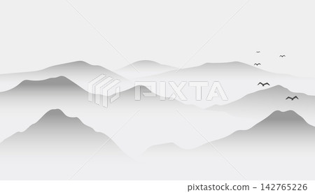 Minimal Grayscale Layered Mountain Landscape with Birds in Misty Atmospheric Scene 142765226